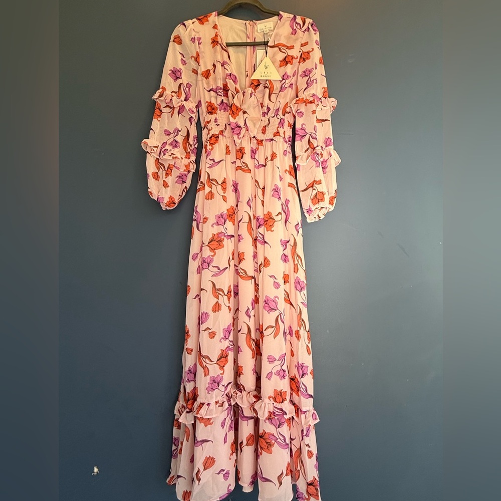 Lost + Wander Pink and Orange Ruffled Tiered Sundress